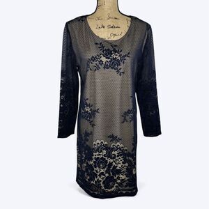Cattrell Navy Floral Lace Dress Sz 12 Sheer Illusion Feminine Holiday Party NYE